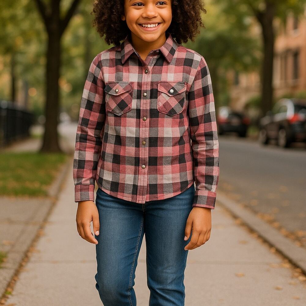 Wrangler Girls Flannel Snap Front Shirt Size Large‎ Pink Navy Blue COTTON NEW